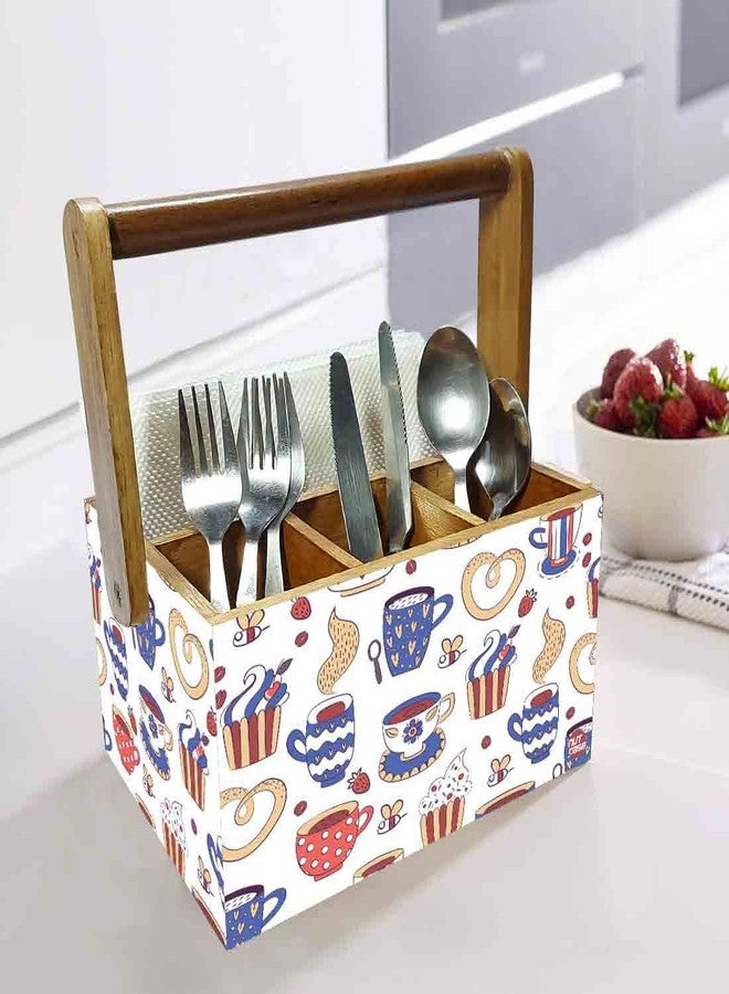 Nutcase Wooden 4 Compartment Utensil Flatware Cutlery Caddy Holder with Handle Napkin Stand - Tea Cup - Image 2